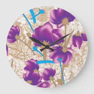 Vibrant floral pattern featuring purple and blue f large clock