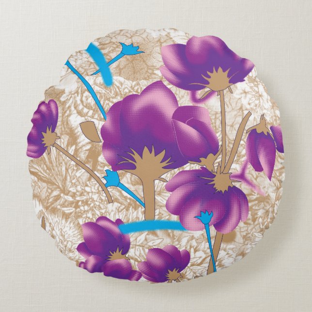 Vibrant floral pattern featuring purple and blue f round cushion (Front)