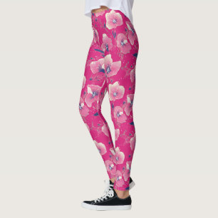 Vibrant Floral Pattern in Pink, White & Royal B    Leggings
