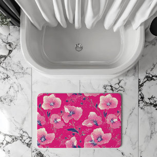 Vibrant Floral Pattern in Pink, White & Royal Blue Bath Mat