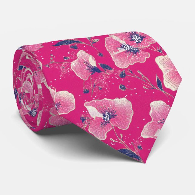 Vibrant Floral Pattern in Pink, White & Royal Blue Tie (Rolled)