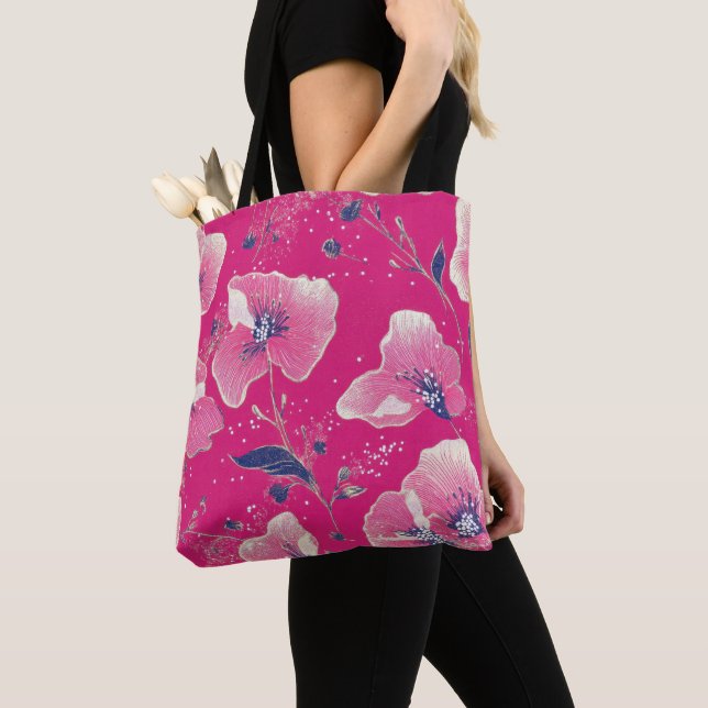 Vibrant Floral Pattern in Pink, White & Royal Blue Tote Bag (Close Up)