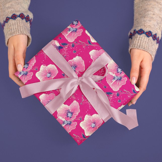 Vibrant Floral Pattern in Pink, White & Royal Blue Wrapping Paper (Creator Uploaded)