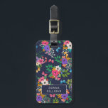 Vibrant Floral Pattern Luggage Tag<br><div class="desc">Floral luggage tag with a pretty hand-drawn pattern of flowers in pink,  yellow,  white,  and purple,  and butterflies in matching colours on a dark blue background. Personalise with your name on one side,  and your name and address on the other.</div>