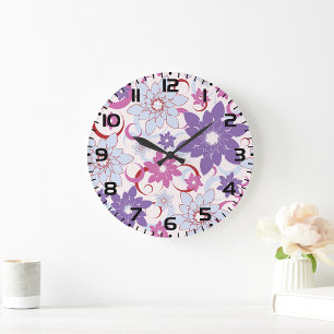 Vibrant Floral Pattern Purple Pink Blue Flowers  Large Clock