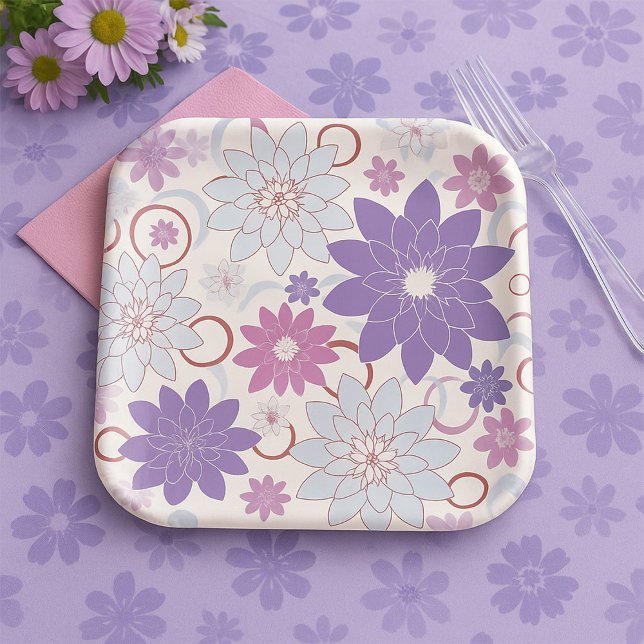 Vibrant Floral Pattern Purple Pink Blue Flowers  Paper Plate (Creator Uploaded)