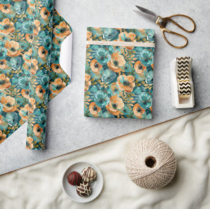 Vibrant Floral Pattern with Bold Teal, Turquoise Wrapping Paper