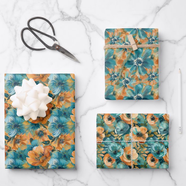 Vibrant Floral Pattern with Bold Teal, Turquoise Wrapping Paper Sheet (Front)
