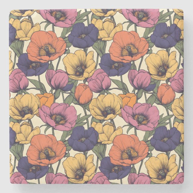 Vibrant Floral Pattern with Colorful Poppies Stone Coaster (Front)