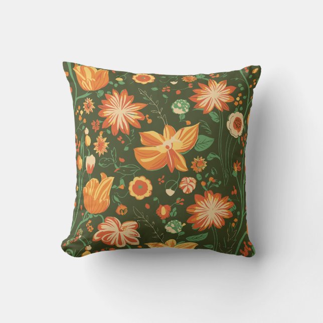 Vibrant Floral Pattern with Orange & Yellow Blooms Cushion (Front)