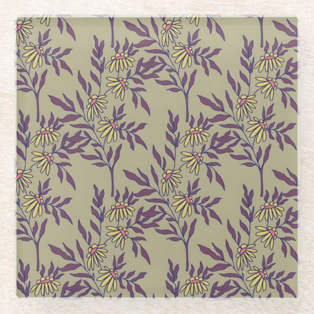 Vibrant Floral Pattern with Yellow Daisies  Glass Coaster (Front)