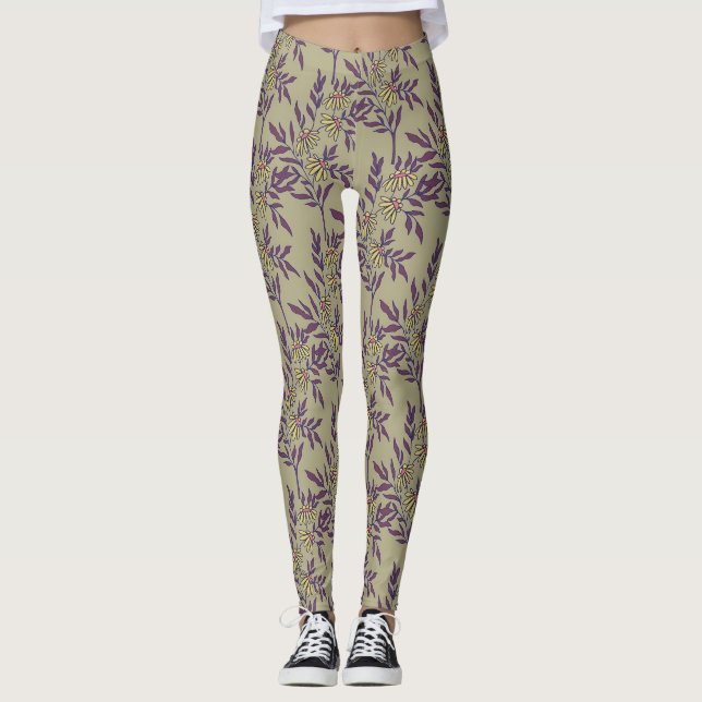 Vibrant Floral Pattern with Yellow Daisies  Leggings (Front)