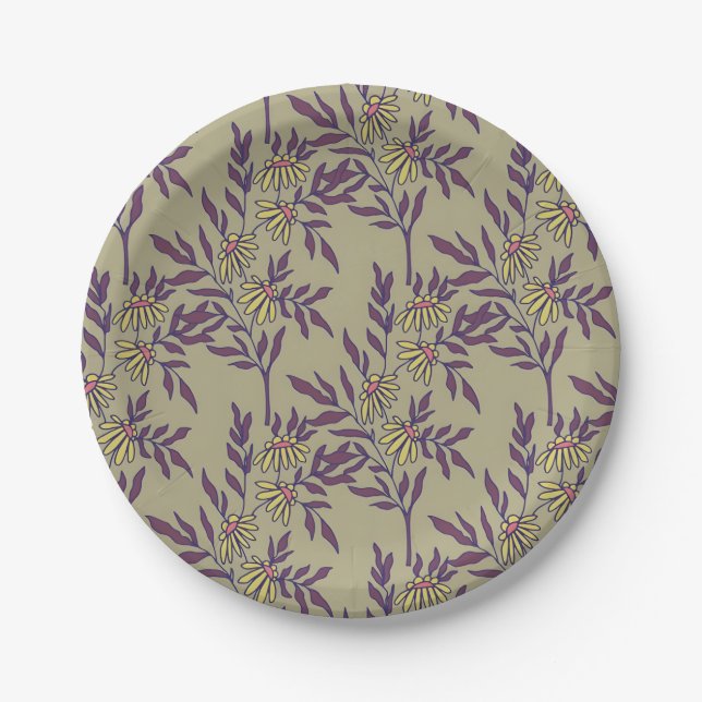 Vibrant Floral Pattern with Yellow Daisies  Paper Plate (Front)
