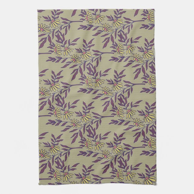 Vibrant Floral Pattern with Yellow Daisies  Tea Towel (Vertical)