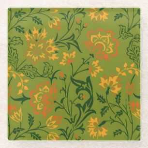 Vibrant Floral Pattern: Yellow and Orange Flowers Glass Coaster
