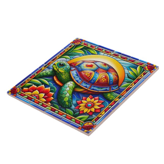 Vibrant Floral Sea Turtle Mosaic Ceramic Tile (Side)