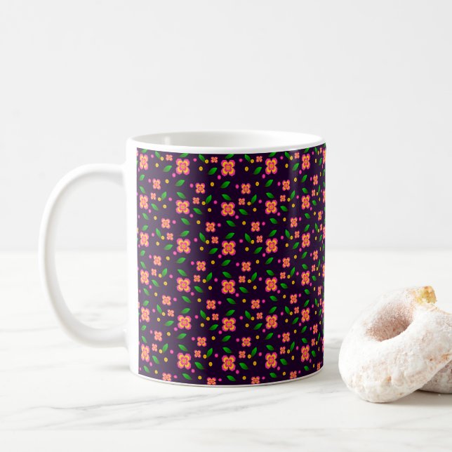 Vibrant Floral Seamless Pattern on deep purple Coffee Mug (With Donut)
