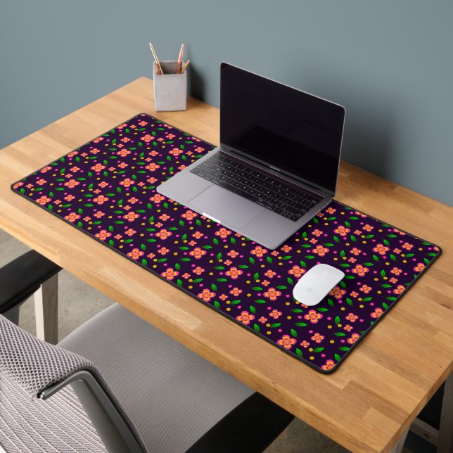Vibrant Floral Seamless Pattern on deep purple Desk Mat (Office 2)