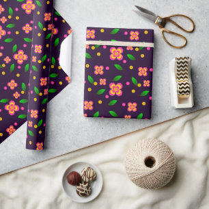 Vibrant Floral Seamless Pattern on deep purple Wrapping Paper