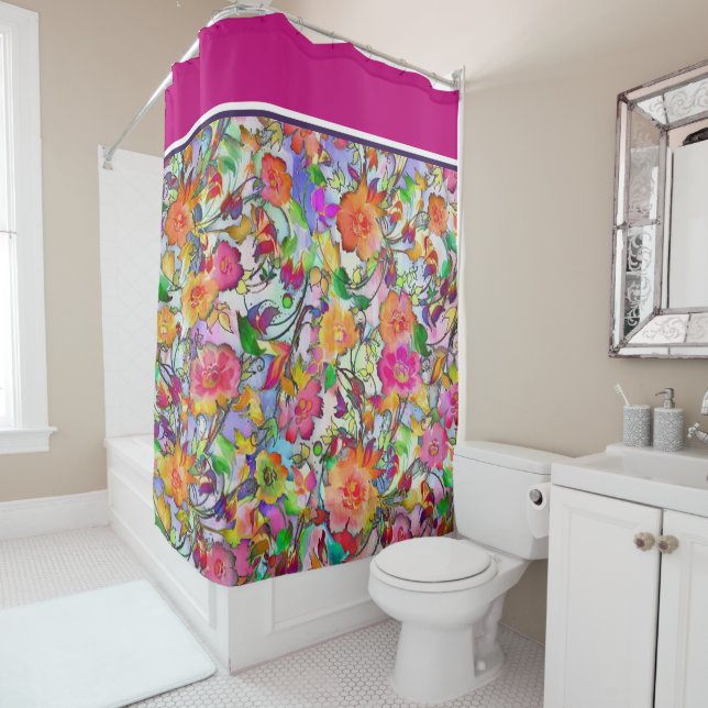 Vibrant floral shower curtain (In Situ)