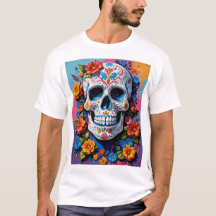 Vibrant Floral Sugar Skull Art T-Shirt for Creativ