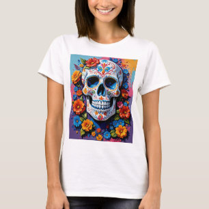 Vibrant Floral Sugar Skull Art T-Shirt for Creativ