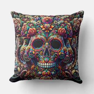 Vibrant Floral Super Sugar Skull Cushion