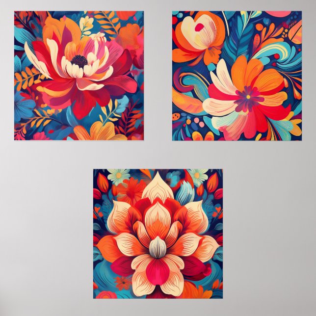 Vibrant Floral Trio – Colorful Floral Art Set (Front)