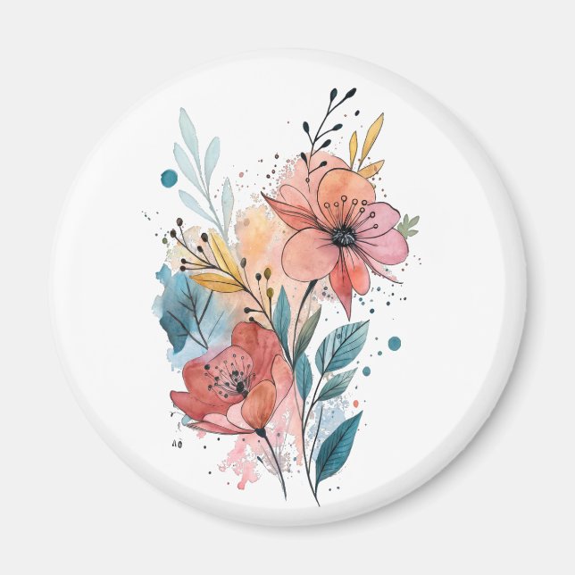 Vibrant Floral Watercolor Design Magnet (Front)