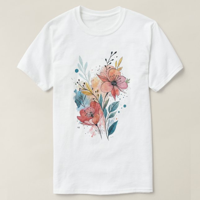 Vibrant Floral Watercolor Design T-Shirt (Design Front)