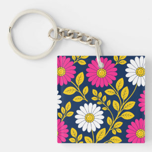Vibrant Floral with Daisies and Golden Leaves Key Ring