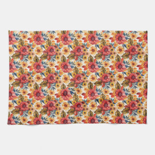 Vibrant Floral With Sunflowers and Leaves Tea Towel