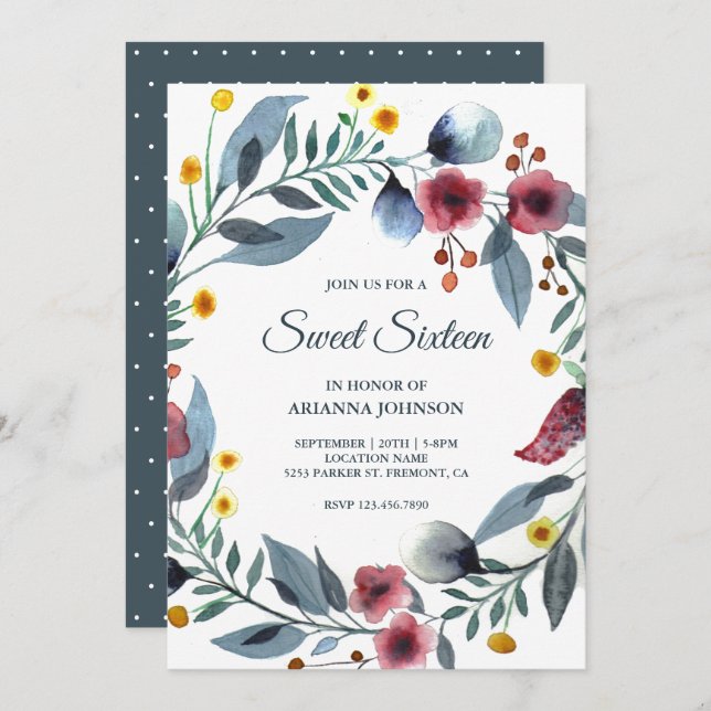Vibrant Floral Wreath 16th Birthday Sweet Sixteen Invitation (Front/Back)