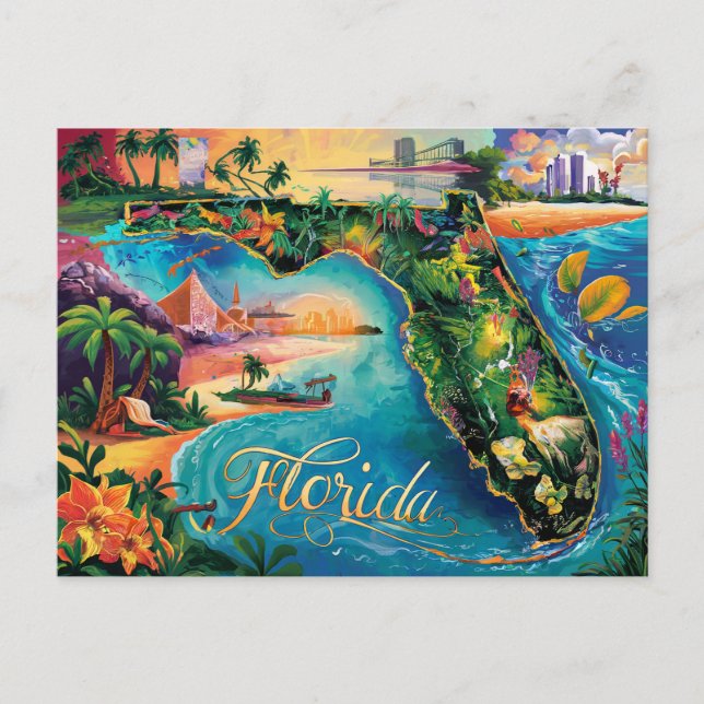 Vibrant Florida Map Art Postcard (Front)