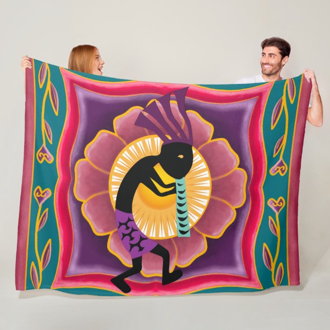 Vibrant Flower Southwestern Kokopelli Fleece Blanket (In Situ)