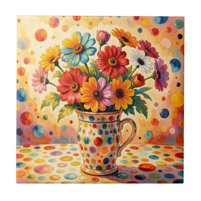 Vibrant Flowers, Colourful Polka Dots, Ceramic Tile (Front)
