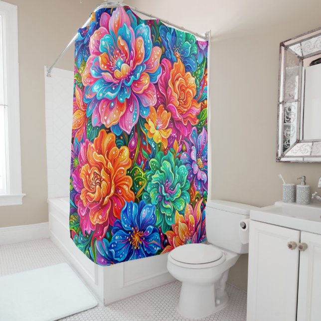 Vibrant Flowers Dreamscape – Psychedelic Boho Shower Curtain (In Situ)