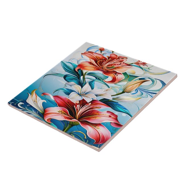 Vibrant Flowers in Bloom Surrounded by Swirls Ceramic Tile (Side)