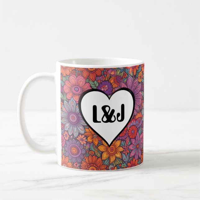 Vibrant Flowers Personalised Mug Initials Couples (Left)
