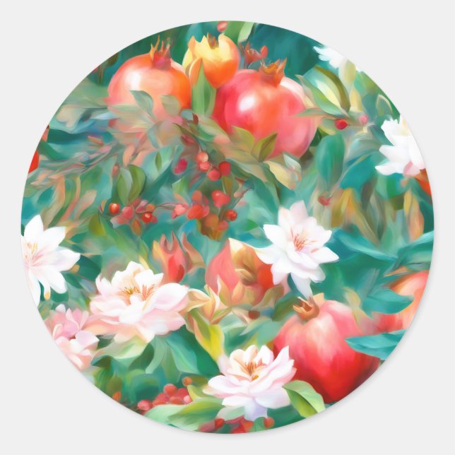 Vibrant Foliage Pomegranate Classic Round Sticker (Front)