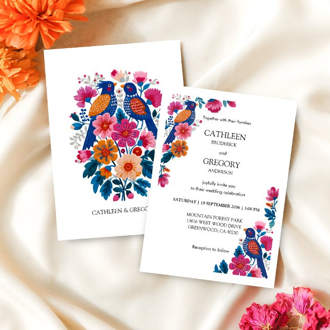 Vibrant Folk Art Floral Birds Wedding Invitation (Creator Uploaded)