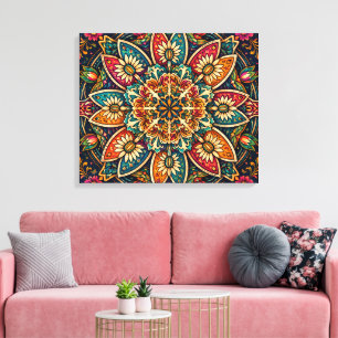 VIBRANT FOLK-ART FLORAL MANDALA CANVAS PRINT