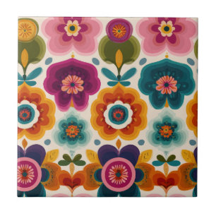 Vibrant Folk Art Flowers 70s Retro Floral Pattern Ceramic Tile