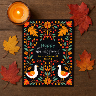 Vibrant Folk Art Geese Maple Leaves Thanksgiving Postcard