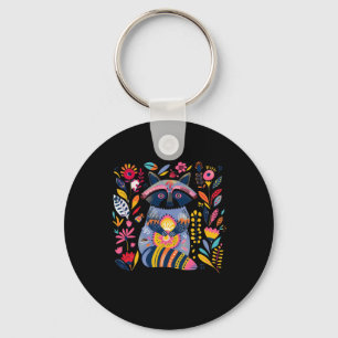 Vibrant Folk Art Illustration Of A Racoon Surroun Key Ring