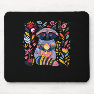 Vibrant Folk Art Illustration Of A Racoon Surroun Mouse Pad