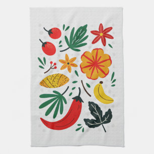 Vibrant Folk Art Tropical Fruit Chilli Pepper Tea Towel