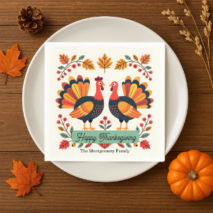Vibrant Folk Art Turkeys Fall Leaves Thanksgiving Napkin