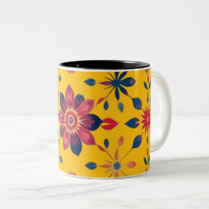 Vibrant Folk Floral Mosaic Two-Tone Coffee Mug
