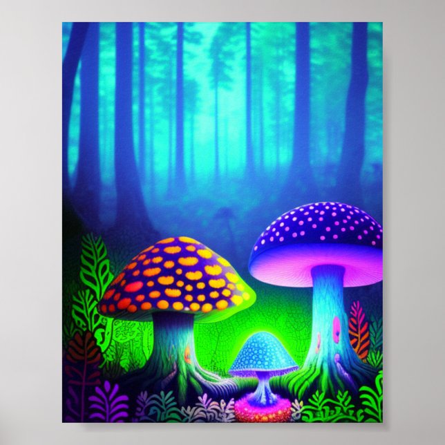 Vibrant forest dreamscape with whimsical mushrooms poster (Front)